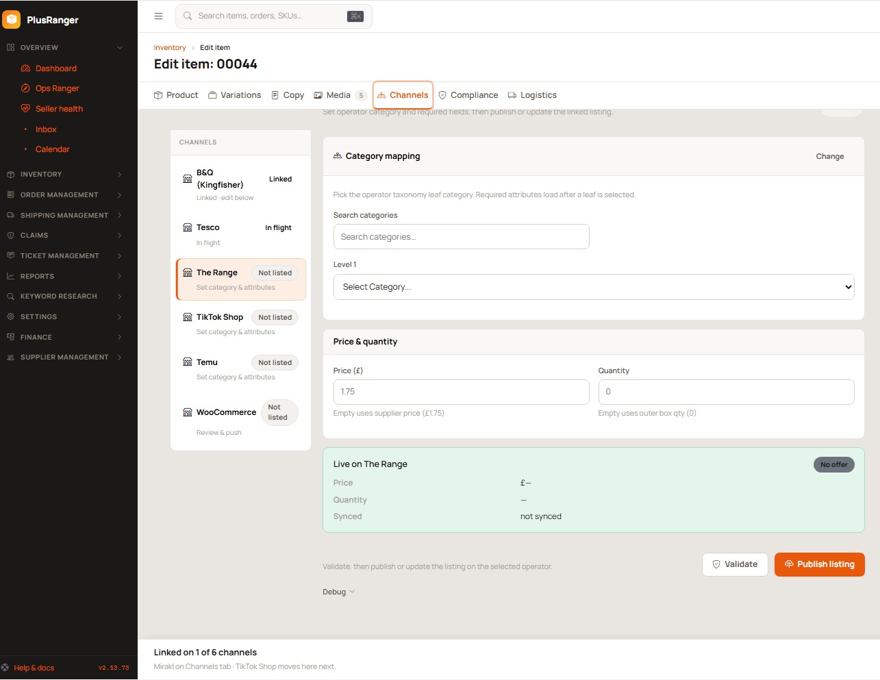 PlusRanger Channels tab showing the channel rail — B&Q linked, Tesco in flight, The Range, TikTok Shop and Temu ready to publish